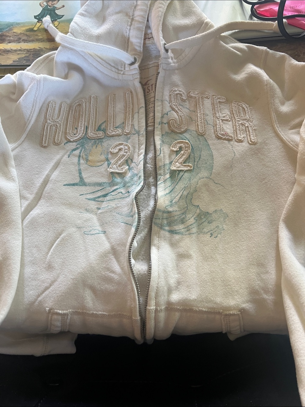 Hollister Cream Zip-Up Hoodie with Surf Graphic Vintage Sz L